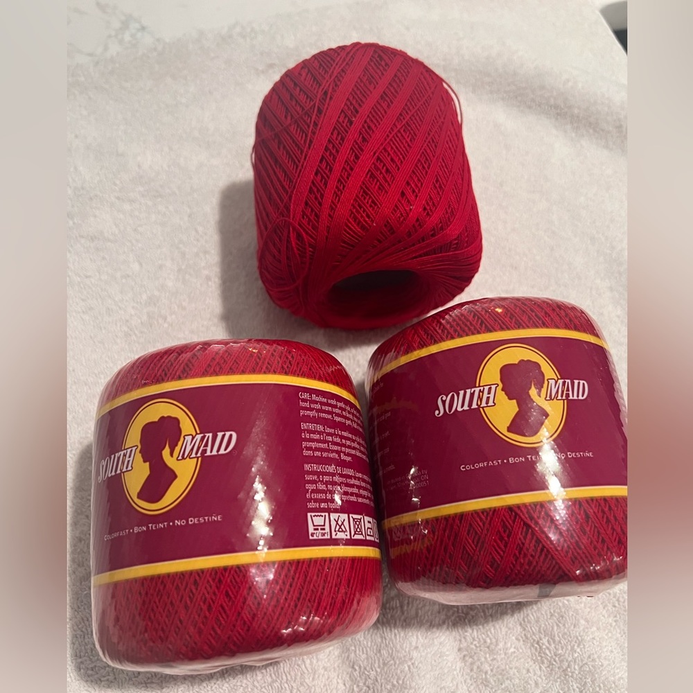 South Maid Cotton Mercerized Color 494 red 350 Yarn Crochet Lot Of 3